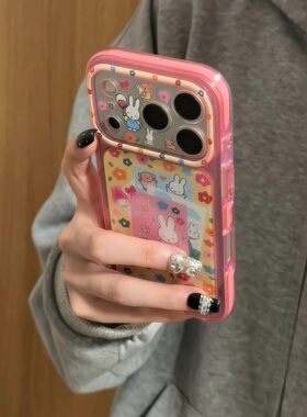 韩系ins满屏彩色花朵小兔子标签适用iPhone17promax手机壳苹果15pro新款16双层13女14硬壳15可爱17防摔保护套