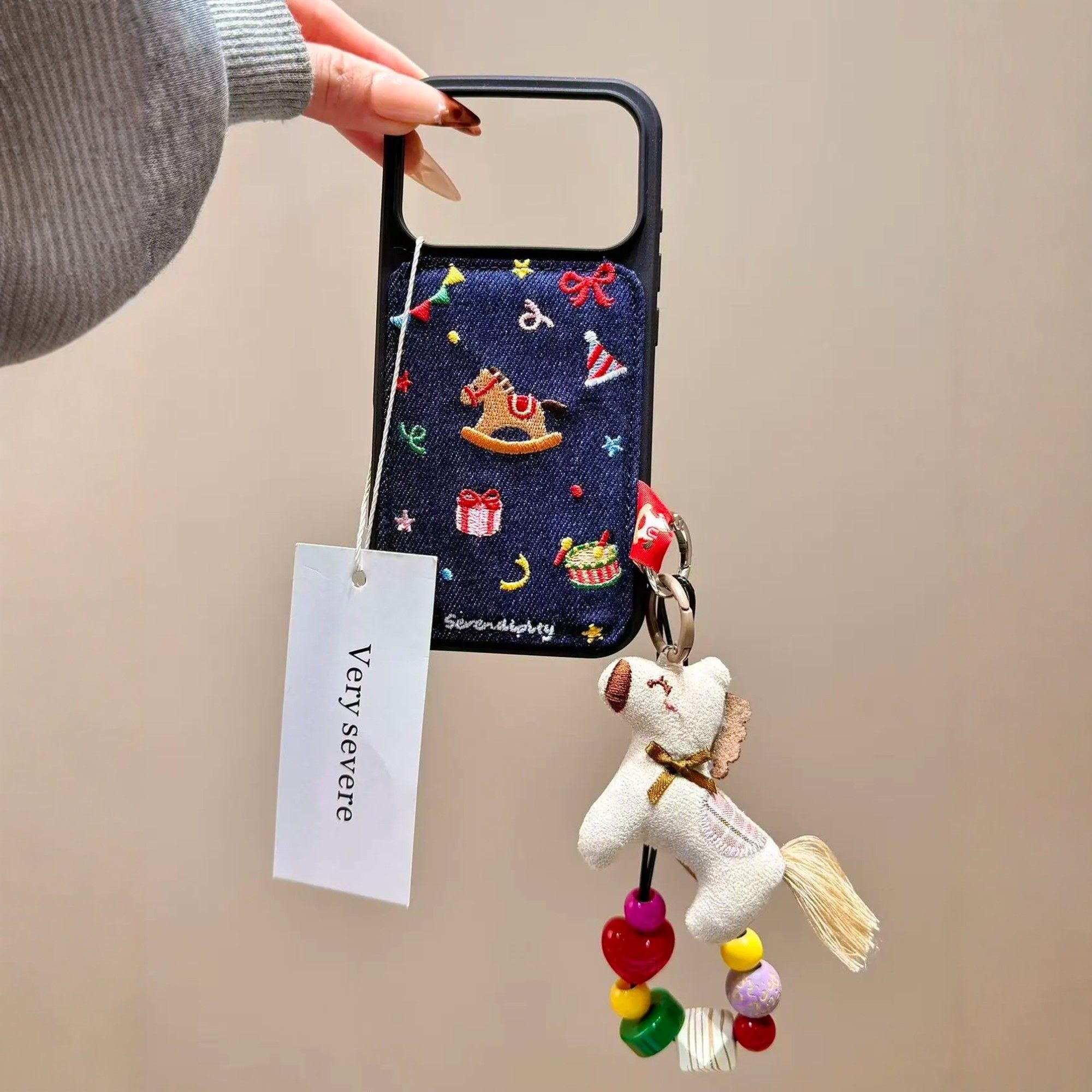 韩系ins复古牛仔刺绣派对摇摇马手拎绳适用iPhone17promax手机壳苹果15pro新款16高级小众13女款14防摔保护套,3C数码配件,手机保护套/壳,淘宝优惠券,粉丝福利购,淘宝优惠卷