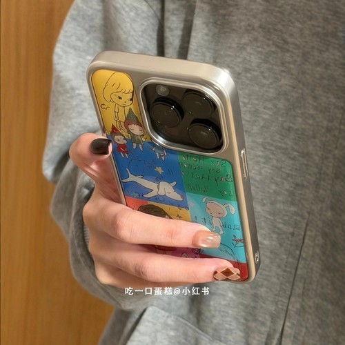日韩ins宫格拼色绘画奈良美智电镀滴胶适用iPhone17promax手机壳苹果15pro新款16卡通13女14软壳15防摔保护套