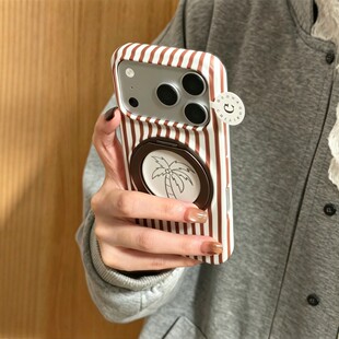 韩国撞色条纹线条椰子树360度旋转支架适用iPhone17promax手机壳苹果15pro新款14菲林硬壳13女款16半包保护套