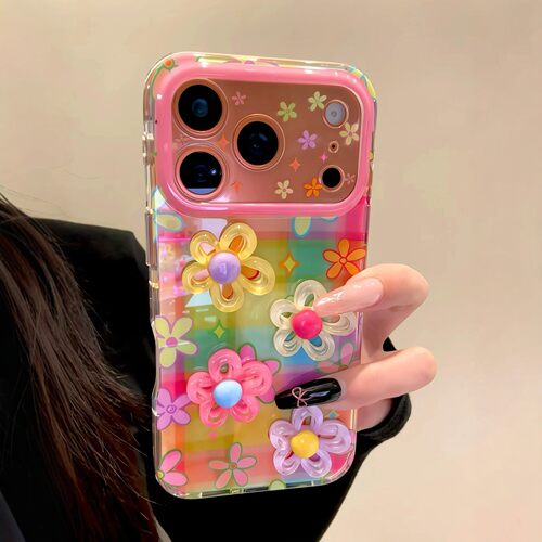 韩风ins多巴胺彩色格纹立体花朵适用iPhone17promax手机壳苹果15pro新款14创意13女款16小众17全包防摔保护套