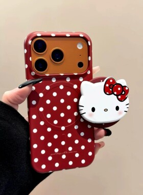 韩系ins红底白色波点卡通KT猫磁吸支架适用iPhone17promax手机壳苹果15pro新款17pro菲林硬壳16pro半包保护套