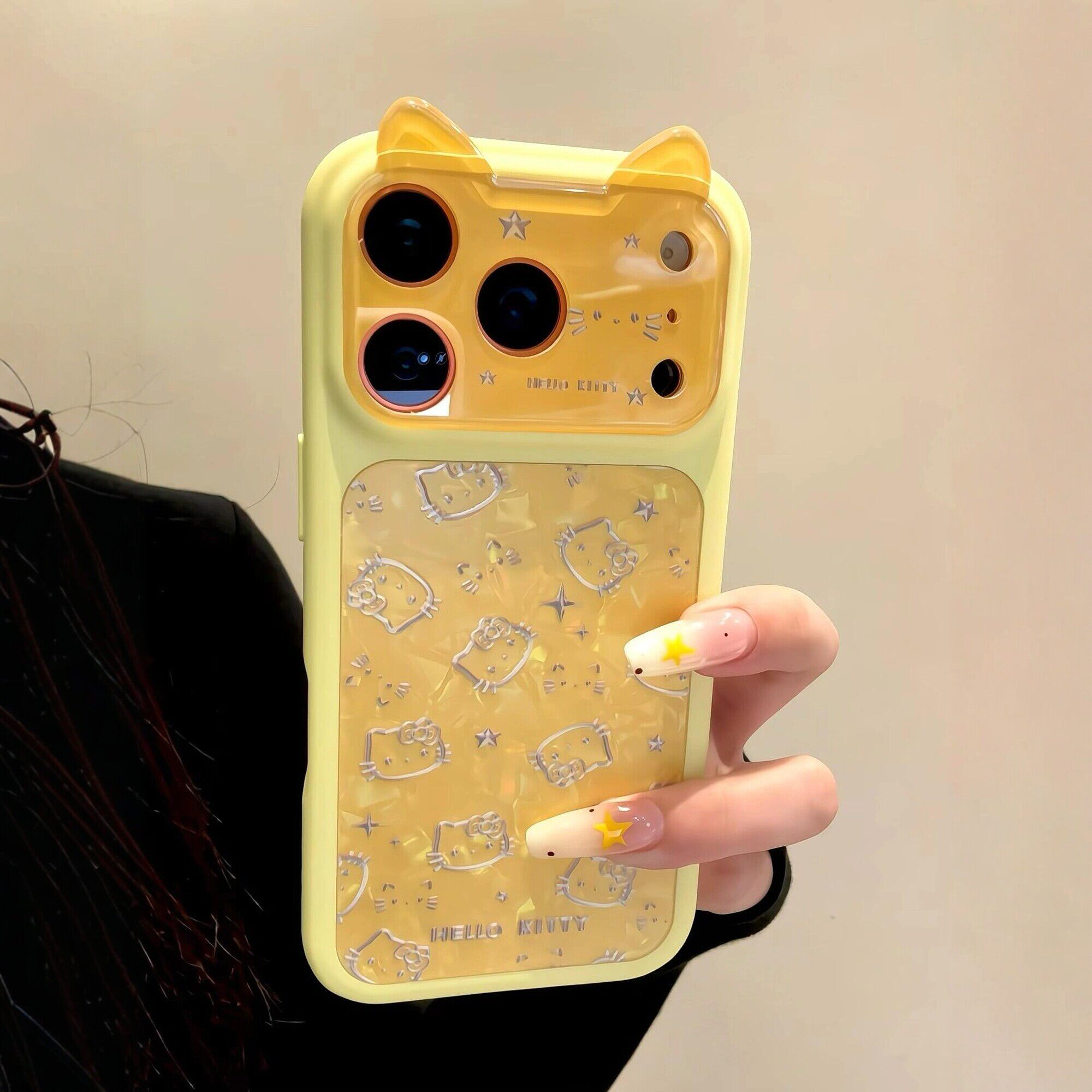 韩系ins黄色贝壳纹银色线条猫咪立体耳朵适用iPhone17promax手机壳苹果15pro新款16大视窗13女14防摔17保护套