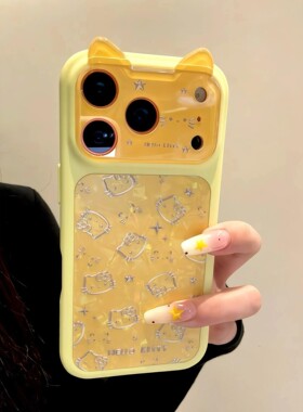 韩系ins黄色贝壳纹银色线条猫咪立体耳朵适用iPhone17promax手机壳苹果15pro新款16大视窗13女14防摔17保护套