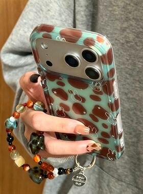 韩风ins透绿豹纹白线条兔子带手绳适用iPhone18promax手机壳苹果17pro新款14华为 Pura X View女16防摔保护套