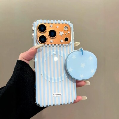韩风ins创意baby蓝条纹拼接星星苹果磁吸支架适用iPhone17promax手机壳苹果15pro新款14双层13女16防摔保护套