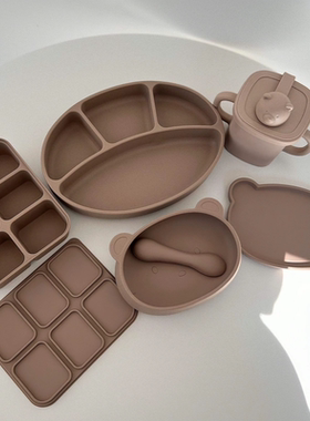 ROCOU罗可宝宝宝宝餐盘分格餐盘勺子出口韩国标准食品级硅胶餐盘