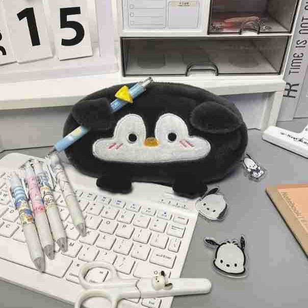 ins风毛绒握笔企鹅笔袋大容量高颜值文具盒卡通企鹅学生铅笔袋日