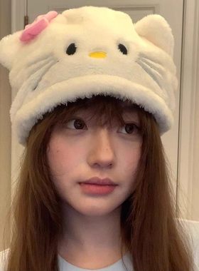日系甜美卡通hellokitty毛绒帽子元气可爱白色玩偶猫咪少女护耳帽