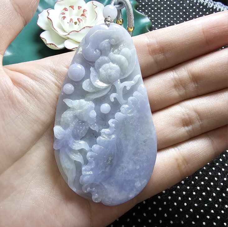 缅甸翡翠A货芙蓉紫年年有余栩栩如生鲤鱼莲花翡翠吊坠毛衣挂件