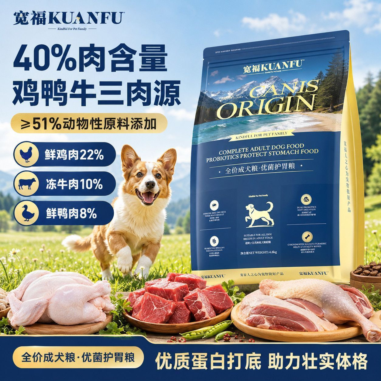 宽福益生菌鲜肉狗粮高钙牛肉长肉护肠道关节成犬粮正装试吃囤货gb图片