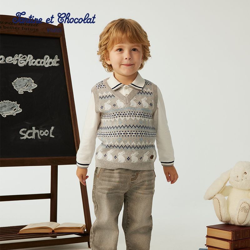 tartineetchocolat法国巧克力童装25新品男童简约V领背心马甲