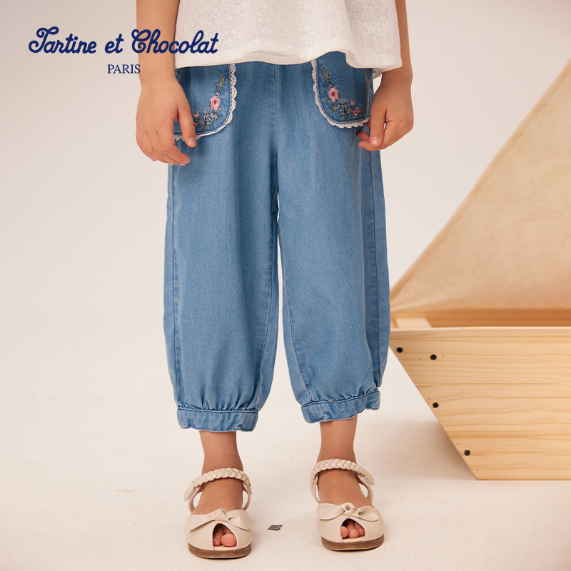tartineetchocolat法国巧克力童装25夏季新品女童绣花束脚牛仔裤