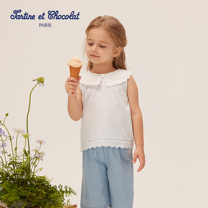 tartineetchocolat法国巧克力童装夏季女童花边宽领背心