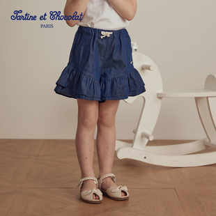 tartineetchocolat法国巧克力童装秋季女童甜美荷叶边牛仔短裤