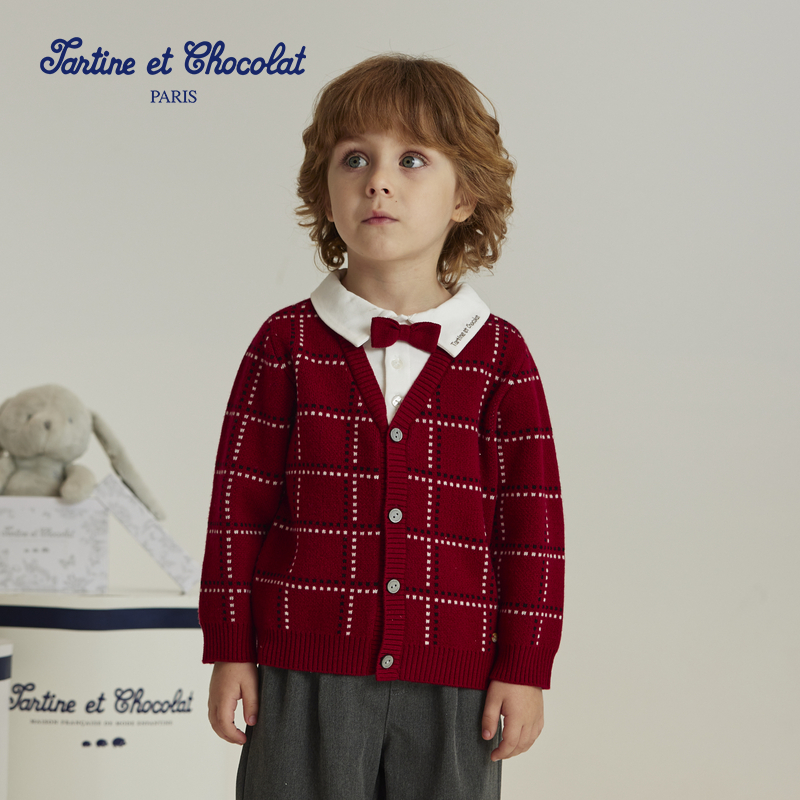 tartineetchocolat法国巧克力童装秋冬新款男童格纹毛衣开衫