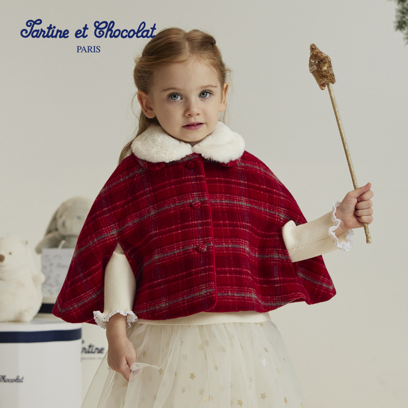 tartineetchocolat法国巧克力童装秋冬新款女童可拆卸毛领披肩