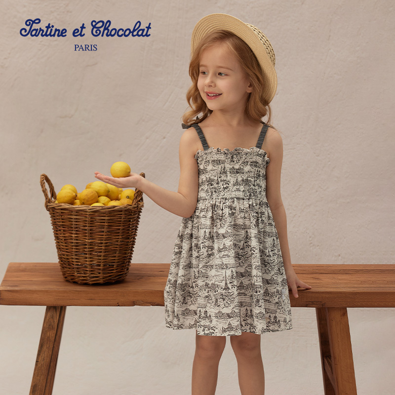 tartineetchocolat法国巧克力童装25夏季新女童司马克吊带连衣裙