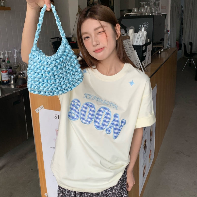 KHIANSOON格纹贴布绣短袖T恤女