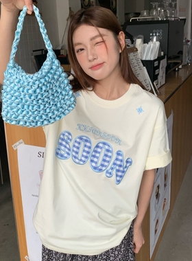 KHIAN SOON国潮基础logo格纹贴布短袖T恤女纯棉宽松设计休闲上衣