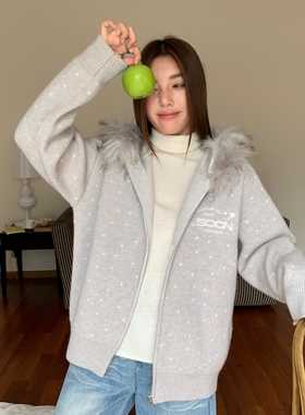 KHIAN SOON美式波点休闲慵懒风针织衫上衣女秋冬连帽毛衣加厚外套