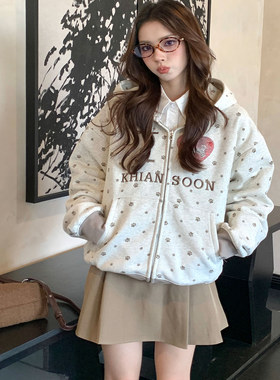 KHIAN SOON美式复古小狗爱心脚印正肩长袖连帽卫衣外套女加绒加厚