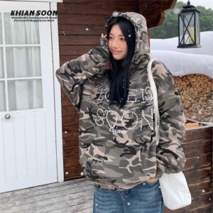 KHIAN SOON秋冬季新款国潮美式复古迷彩加绒连帽卫衣男女宽松休闲