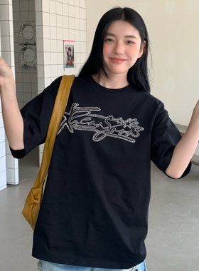 KHIAN SOON超火烫钻短袖T恤男女个性潮流休闲宽松纯棉半袖上衣潮