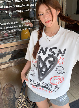 KHIAN SOON原创美式国潮爱心印花短袖T恤短裤女夏圆领休闲上衣潮