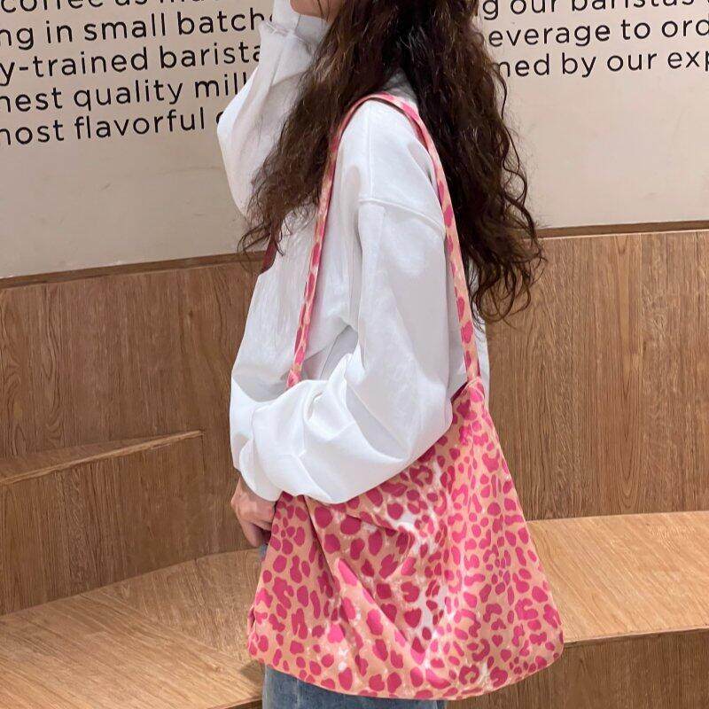 韩系慵懒风树莓粉色豹纹帆布包章若楠同款上班通勤松弛感帆布袋女