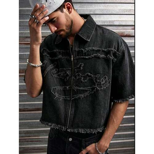Men's High Cotton Frayed Tribal Embroidery Denim Shirt