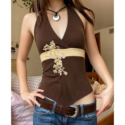 Floral Sequin Embroidery Halter Neckline Backless Tank Top