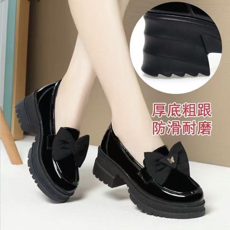 2025新款乐福鞋漆皮蝴蝶结单鞋女款粗跟厚底英伦风百搭黑色小皮鞋