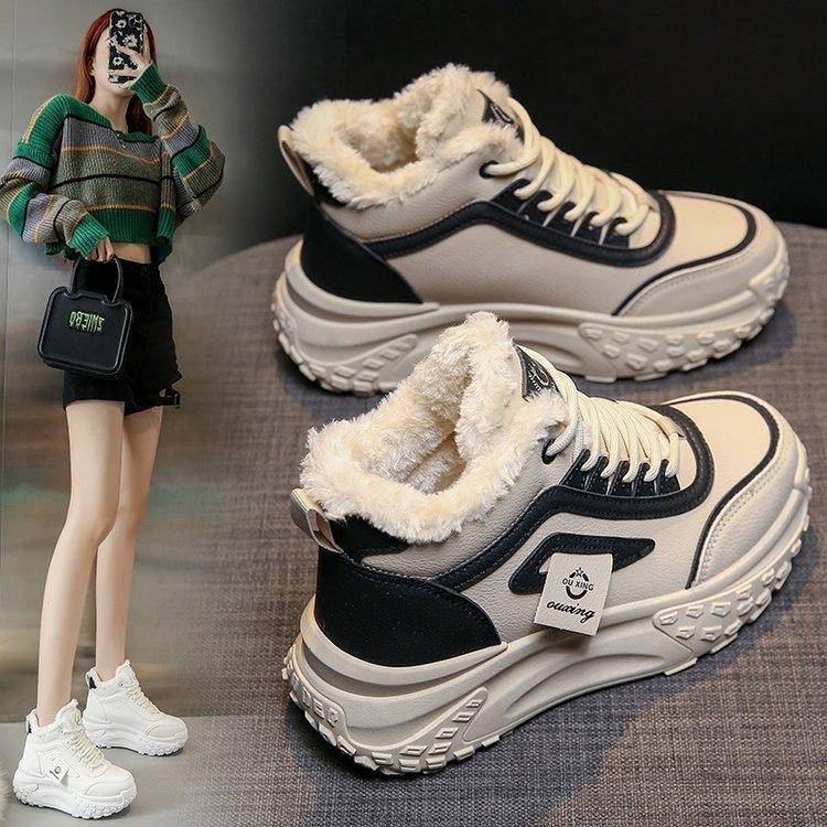 加厚高帮老爹鞋2025秋冬新款加绒女款皮面运动雪地棉靴东北大棉鞋