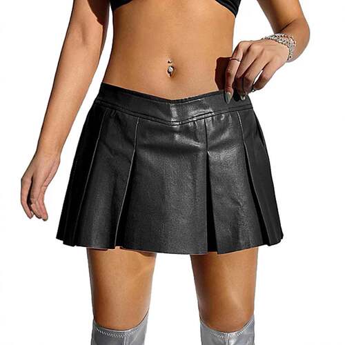 Women's PU Leather Pleated Mini Skirt Casual A-Line Skirt