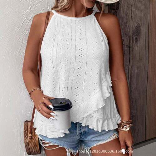 Solid Color Eyelet Embroidery Cami Top Casual Elegant