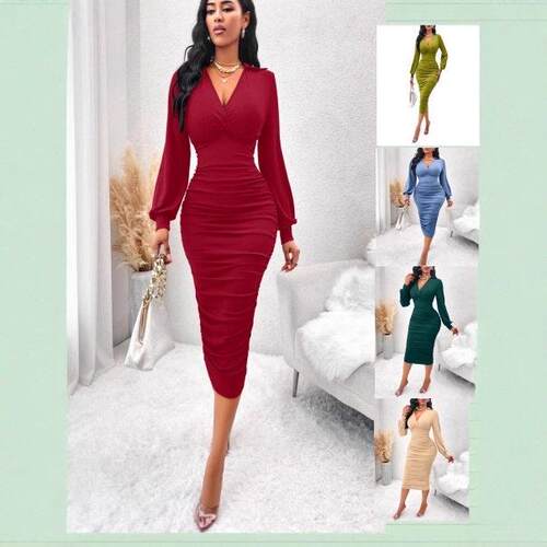 Women's Long Sleeve Side Pleated Bodycon Midi Dress Slim