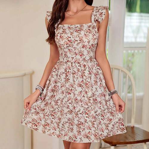 Womens Ditsy Floral Print Dress Boho Sleeveless A Line