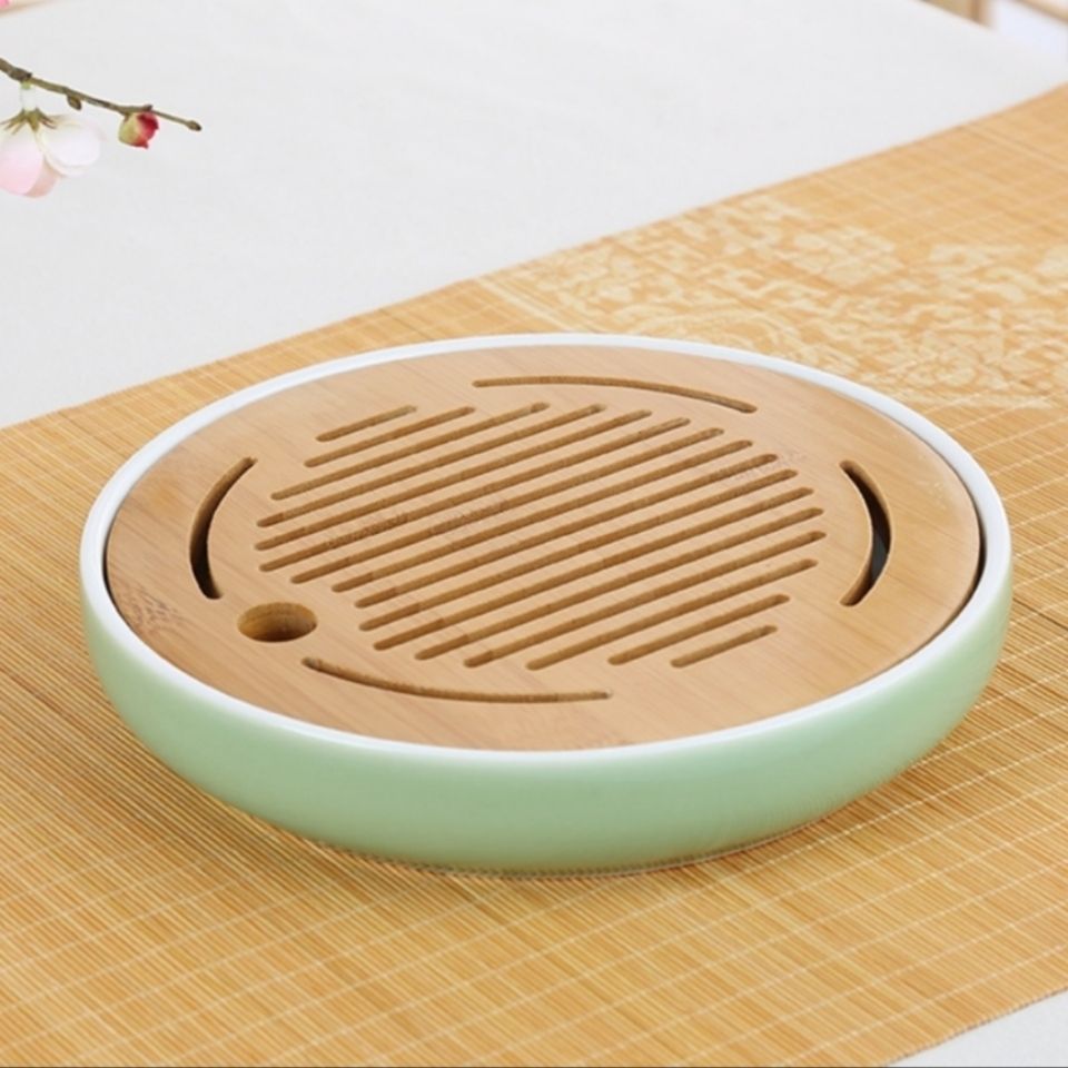 家用陶瓷干泡茶盘特大号简约陶瓷茶具小茶台圆形竹制迷你茶海托盘