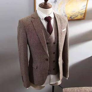 新品西服套装男商务正装三件套修身职F业韩版英式复古西装新郎结