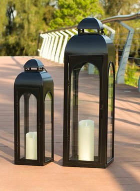 优选欧式黑色铁h艺钢化玻璃庭院摆件软装SPA酒店大堂烛台大号蜡烛