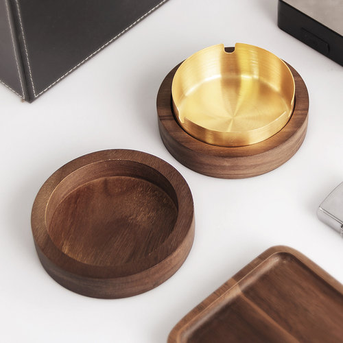 优选胡桃实木烟灰k缸带盖子防飞灰高级感创意轻奢商家用客厅办公