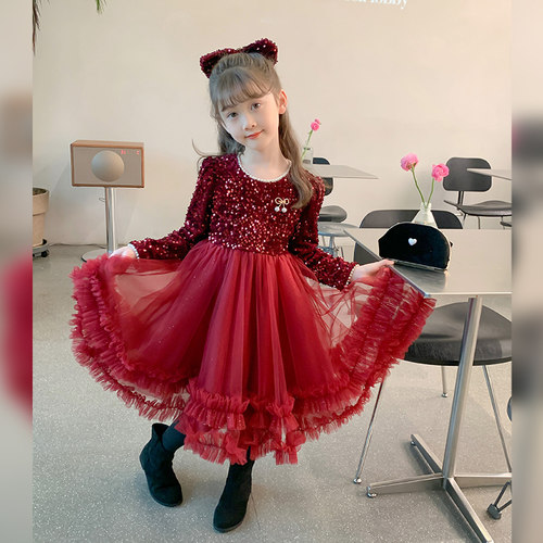 新品女童洋装秋冬新款洋派儿童亮片F丝绒公主裙女孩红色礼服裙子