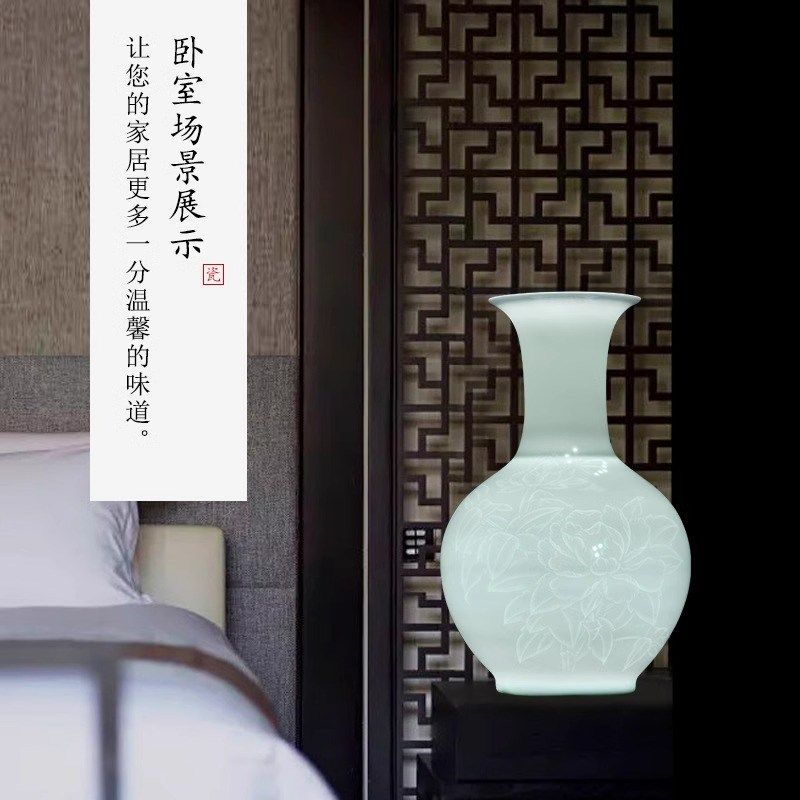 优选陶瓷花瓶摆件景德镇手绘薄胎半D刀泥插花新中式客厅酒柜高档