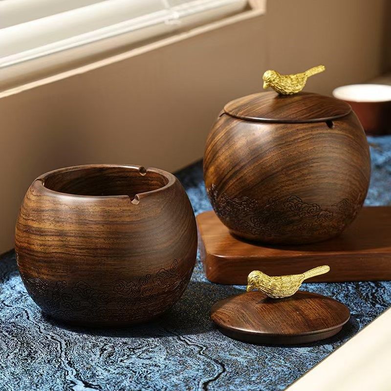 优选黑檀木烟灰缸实木中式带盖烟灰缸H创意多功能客厅家用防飞灰