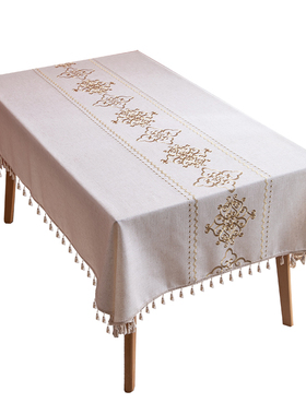 优选桌布新中式红色喜庆复古轻奢棉麻布I艺长方形茶桌台布盖布桌