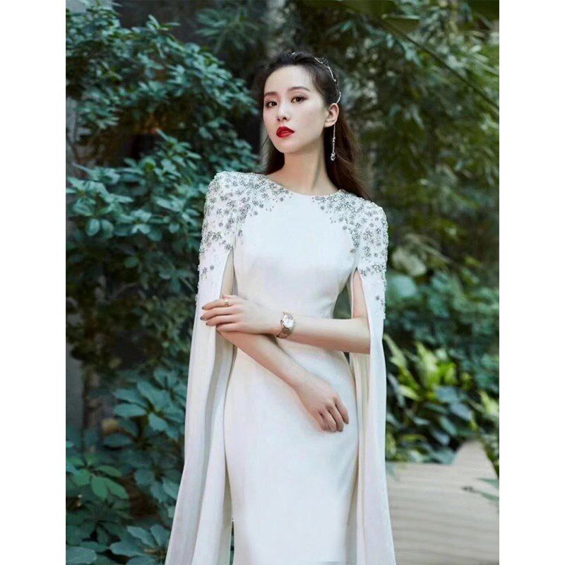 优选明星范儿 白色晚宴生日古w筝舞台演出主持人婚纱礼服旗袍1916
