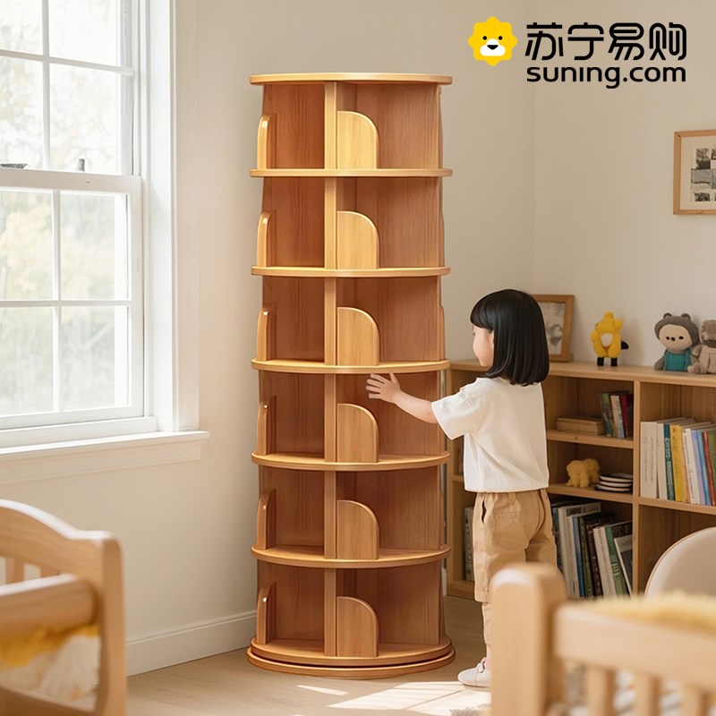 优选实木360度旋转式书架拐角落地置物架一体靠墙可U移动墙角书柜