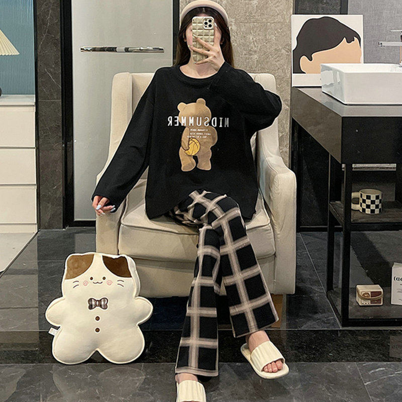 网红款春秋季睡衣女长袖格子长裤韩版简约学生圆领套头家居服套装