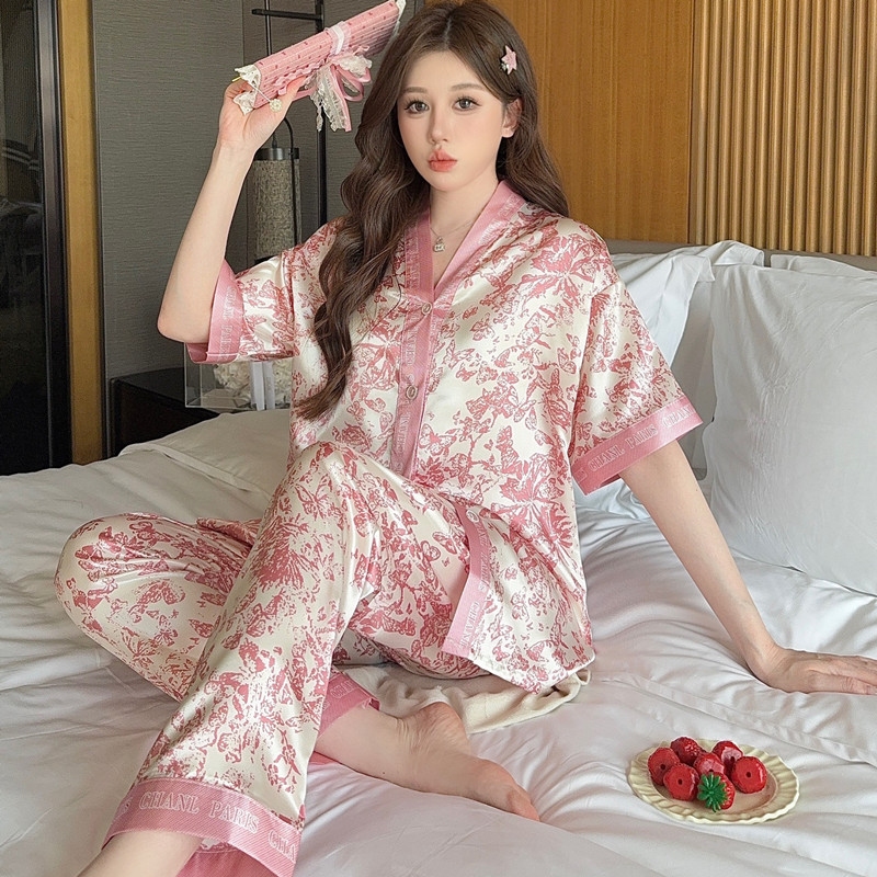 2025新款冰丝睡衣女夏短袖长裤开衫和服领小香风仿真丝家居服套装